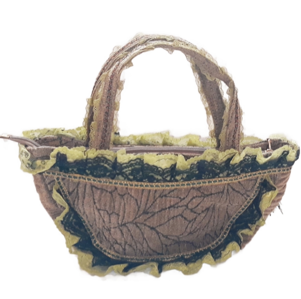 Embellished Whimsical Floral Tapestry Bag - Victorian Style Ruffle Hand Bag - Picture 4 of 16
